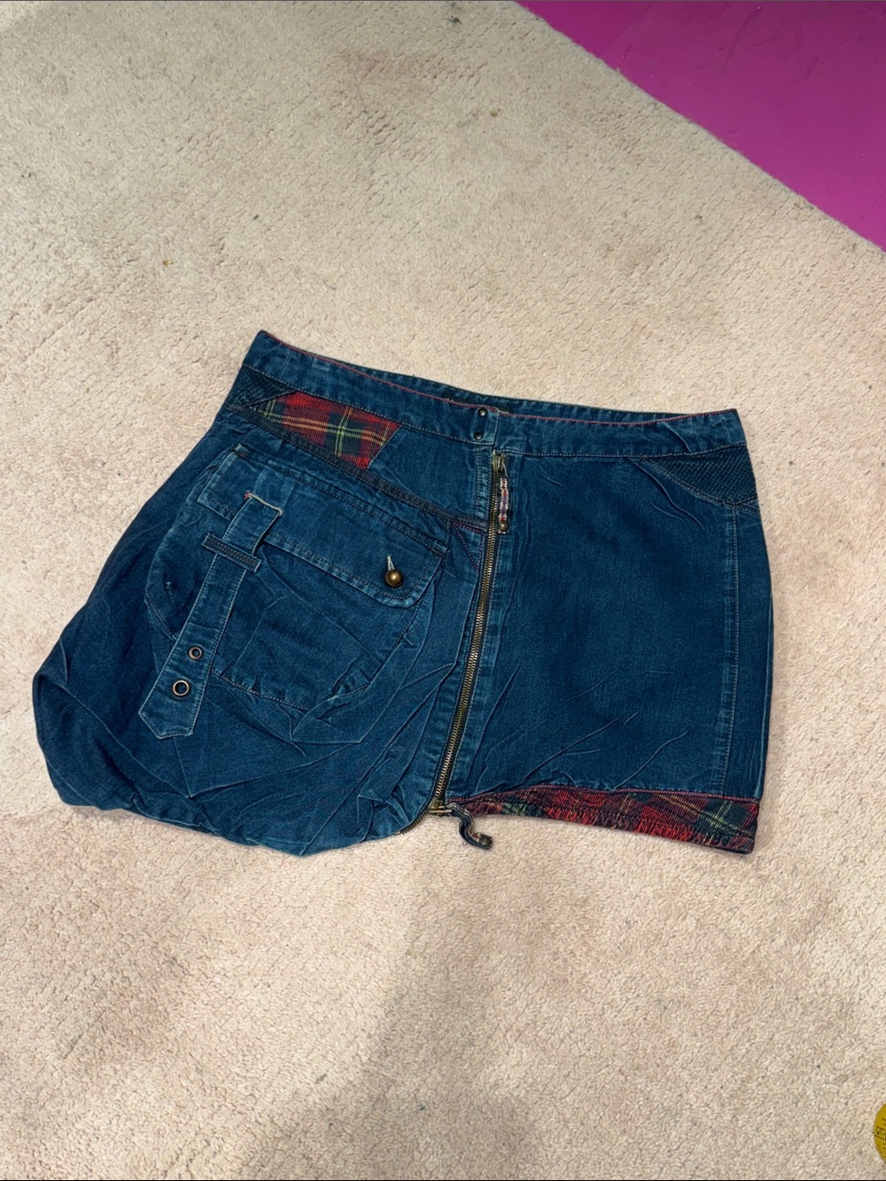 Marithe Francois Girbaud denim and plaid skirt